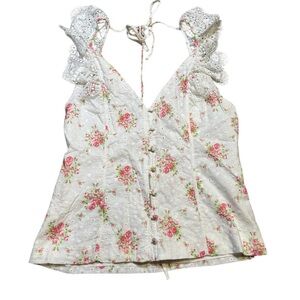 🌸‎ Nightcap White Floral Lace Cotton Top M Cottagecore Romantic Blouse 🌸